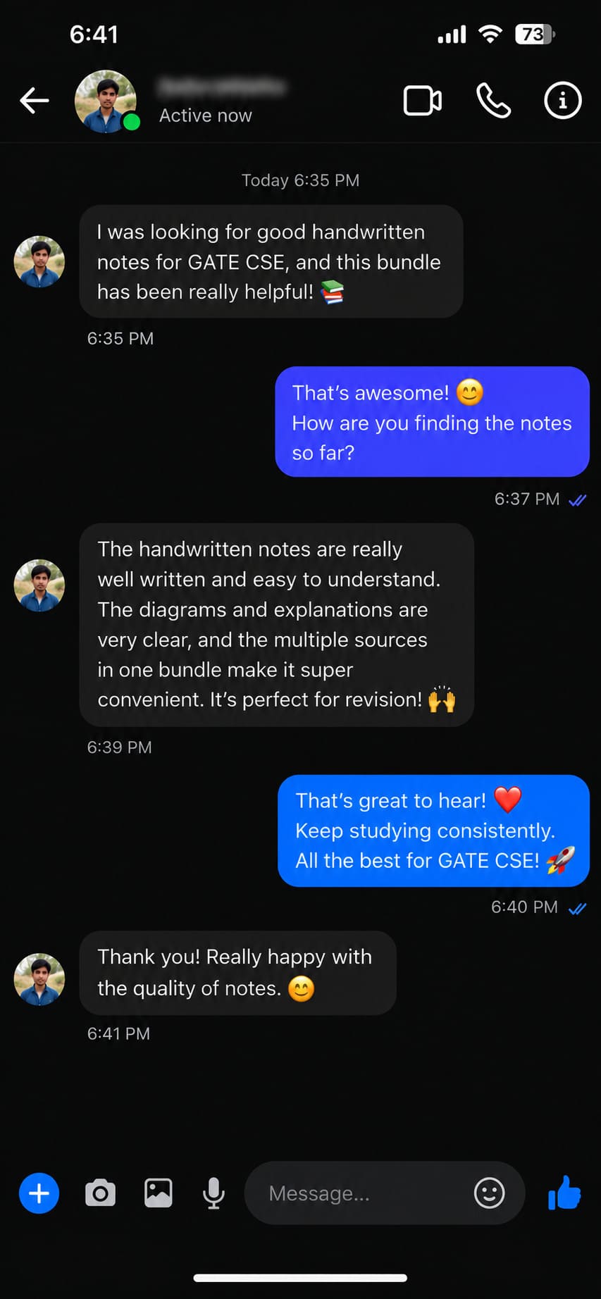 Customer chat feedback from a GATE CSE notes buyer